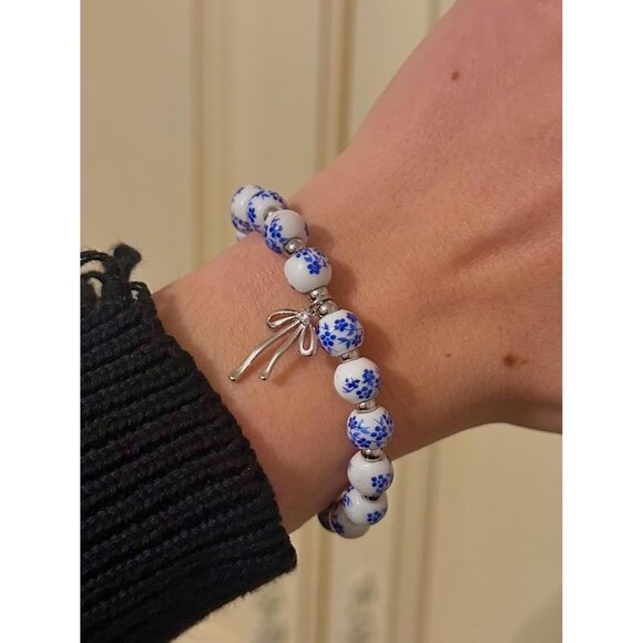 Beaded Charm Blue Pearl Bracelet Women Vintage Flower Handmade Romantic Jewelry - Picture 2 of 5